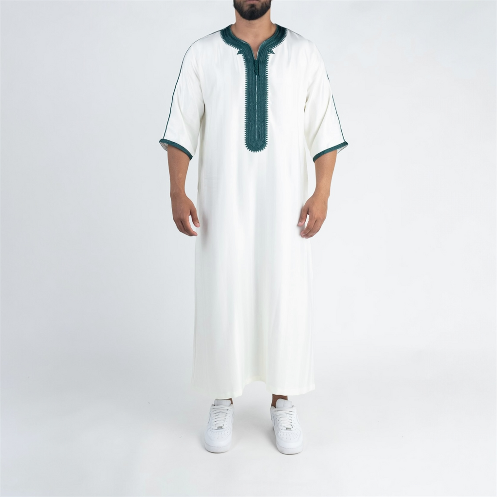 White & Green Moroccan Thobe