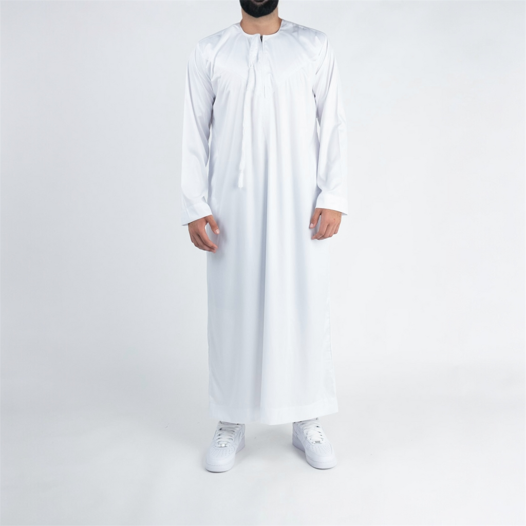 White Shiny Omani Thobe + Tassel