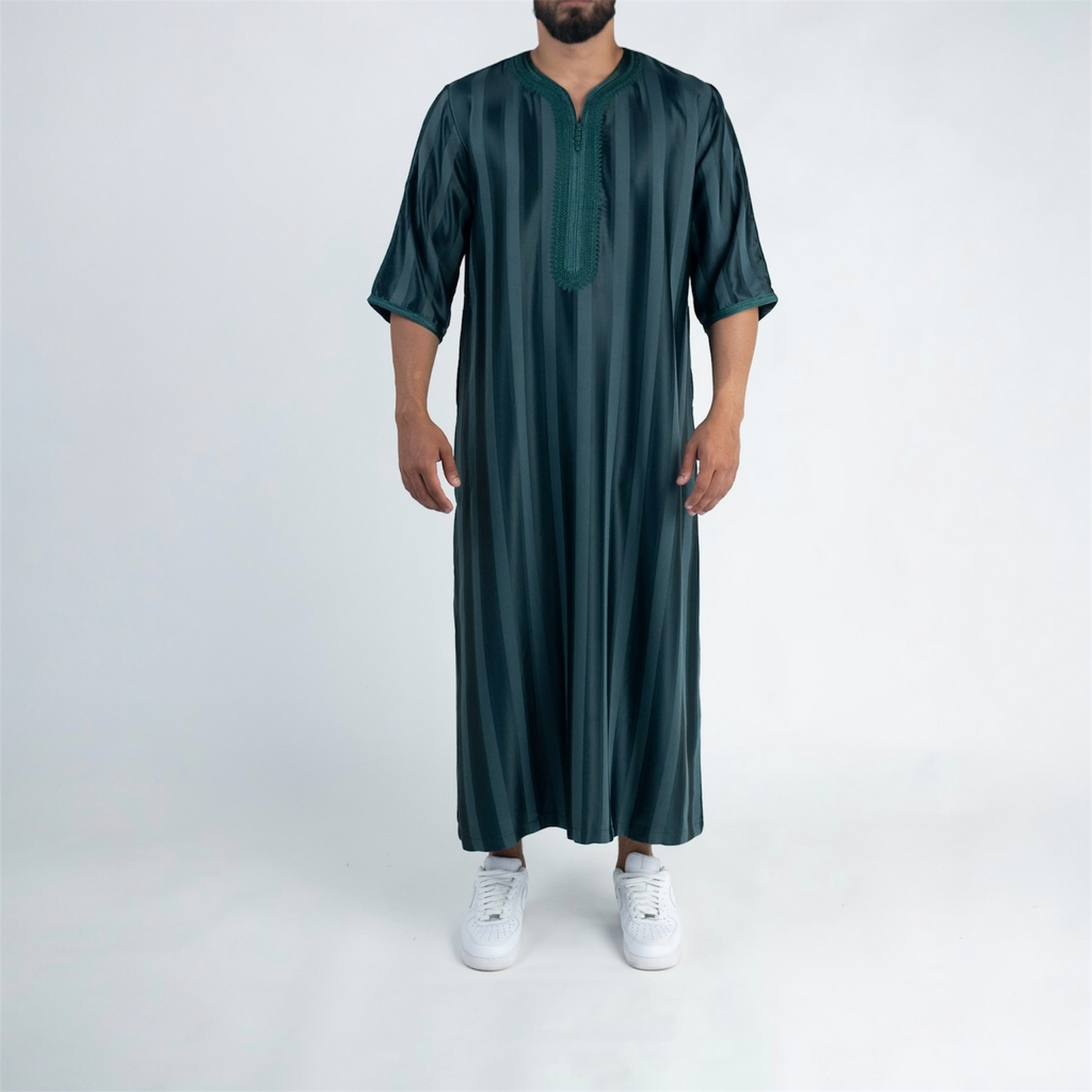 Forest Green Striped Moroccan Thobe